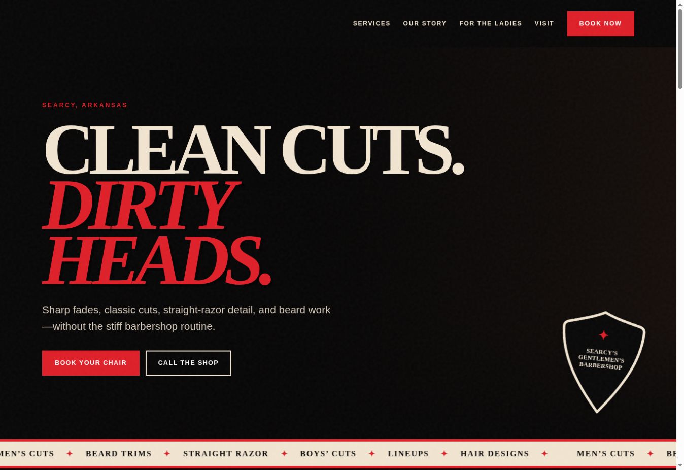 Screenshot of the Dirty Heads Barber Shop home page